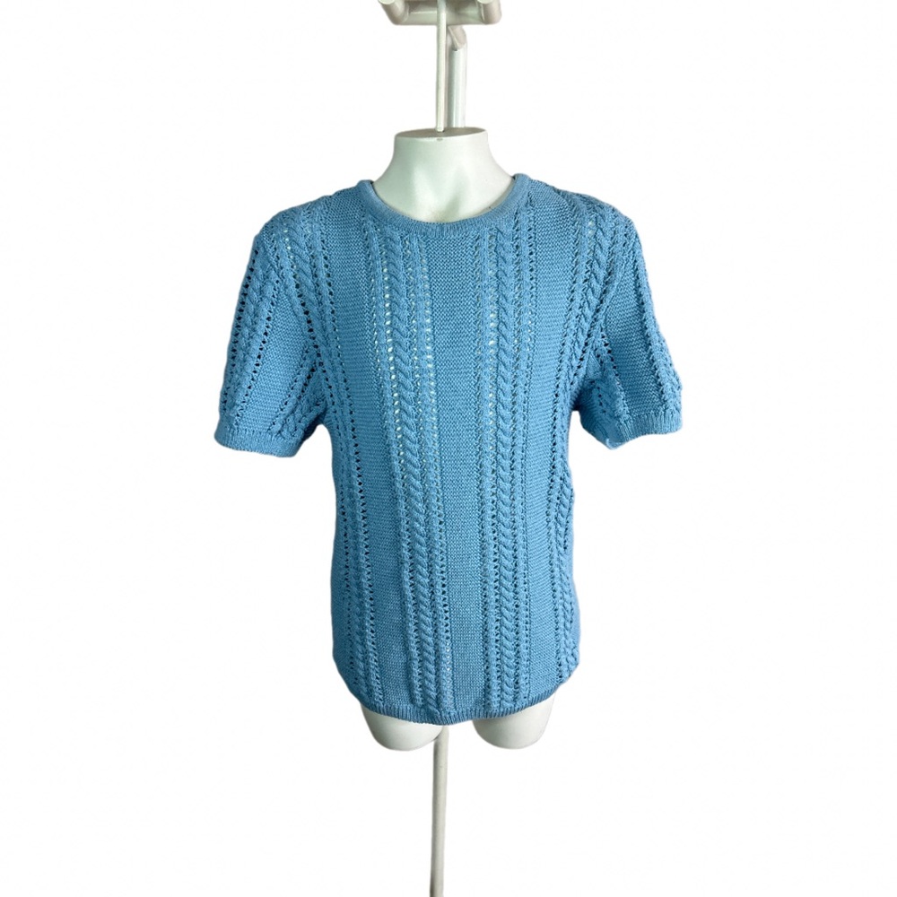 Vero Moda Nora Cable Detail Short Sleeve Cotton Blend Sweater M Blue NWT